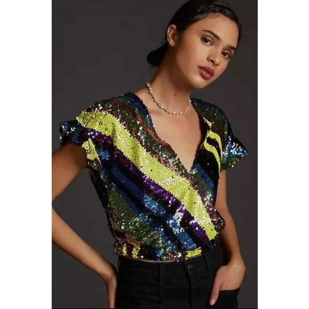 Rdalamal x Anthropologie Sequin Top Women XS Multicolor Crop Surplice Statement